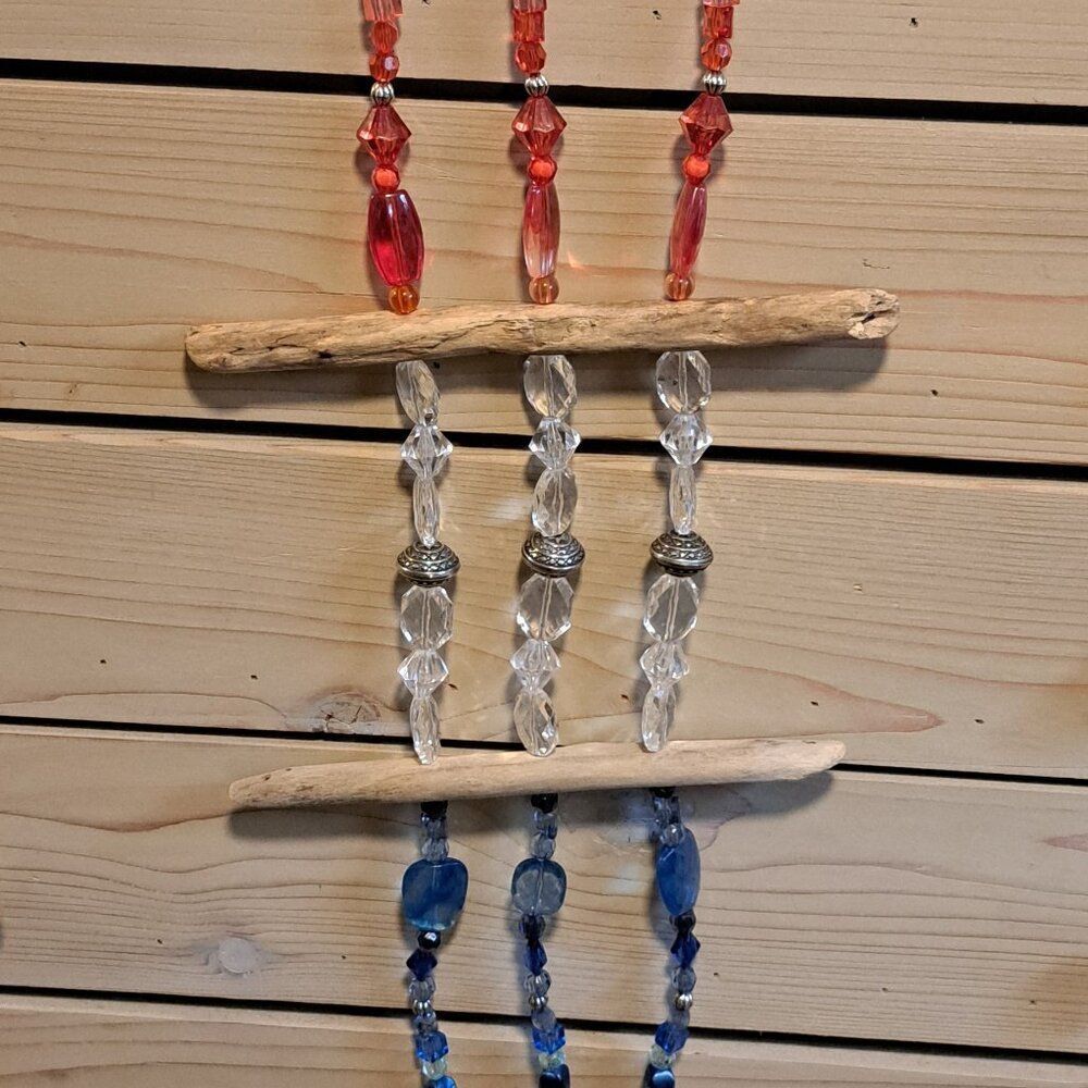 Handmade- Driftwood and Bead Windchime- Red White and Blue